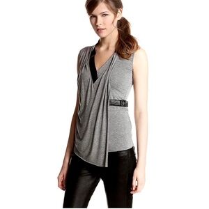 Bailey 44 Uneven Bars Gray Asymmetric V-Neck Top Black Leather Trim
